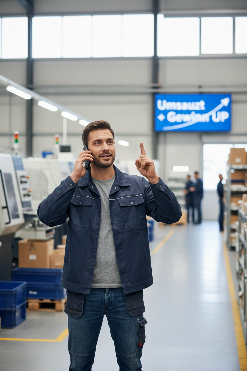 ein Mann, der telefoniert. Zeigefinger zeigt nach oben als Zeichen für Umsatz- und Gewinnsteigerung; Umgebung Gewerbebetrieb, Kleidung hands on ohne Werkzeuge im Bild.